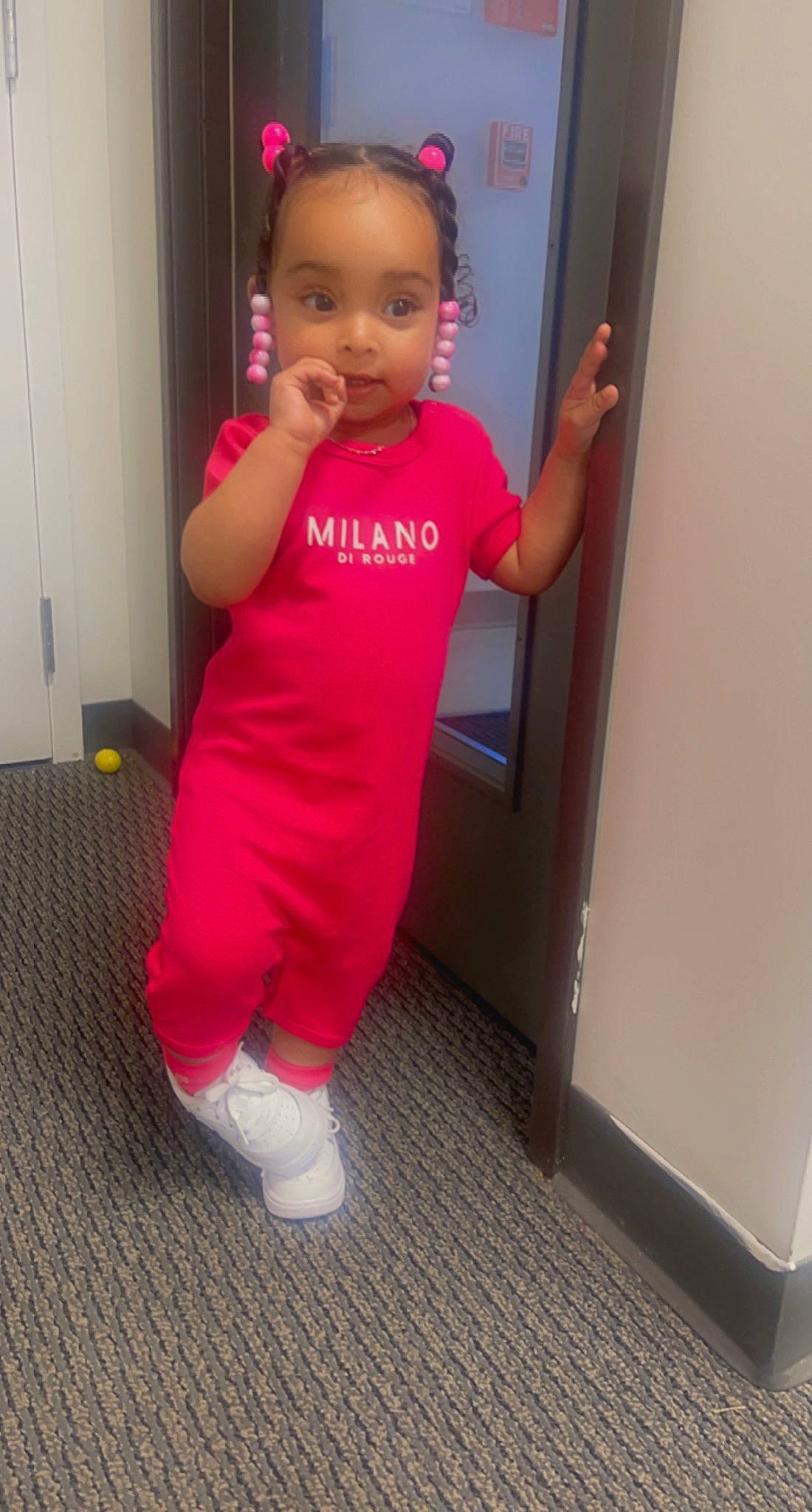 Aubri joined the competition — help win amazing prizes! baby, baby_toddler_clothing, child, door, dress, flooring, fun, happy, human_leg, knee, magenta, one_piece_garment, person, room, sleeve, sock, t_shirt, thigh, thumb, toddler
