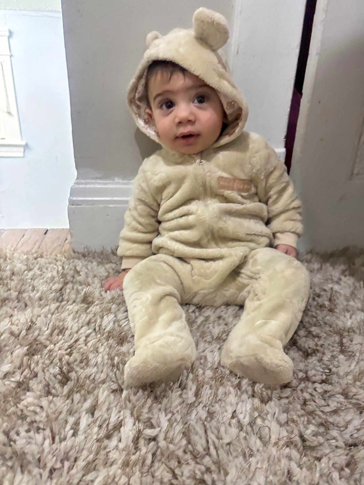 Yahia joined the competition — help win amazing prizes! toddler, child, baby, onesie, costume, bear_ears, carpet, floor, indoor, curious, sitting, plush, soft, cute, clothing, person, infant, young_child, cozy, warm