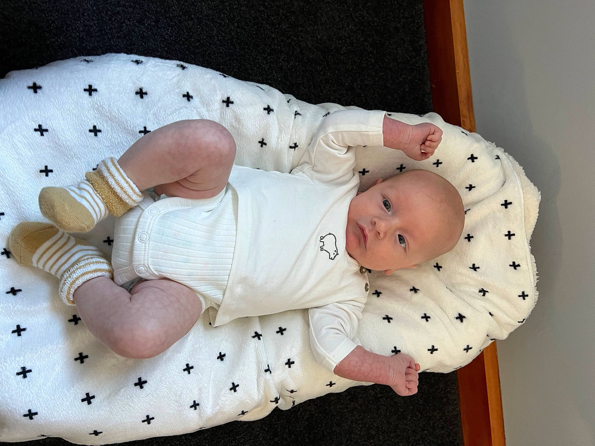 Patrick joined the competition — help win amazing prizes! baby, baby_products, baby_safety, baby_sleeping, baby_toddler_clothing, child, collar, comfort, fashion_accessory, foot, head, pattern, person, product, room, sitting, sleeve, smile, sock, textile
