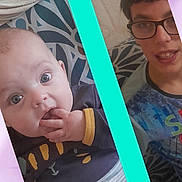 Lyam participe au concours pour gagner de l'argent avec cette photo : baby, child, toddler, boy, glasses, couch, patterned_fabric, clothing, face, hand, sitting, striped_socks, cute, indoor, person, portrait, sibling, casual, home, colorful