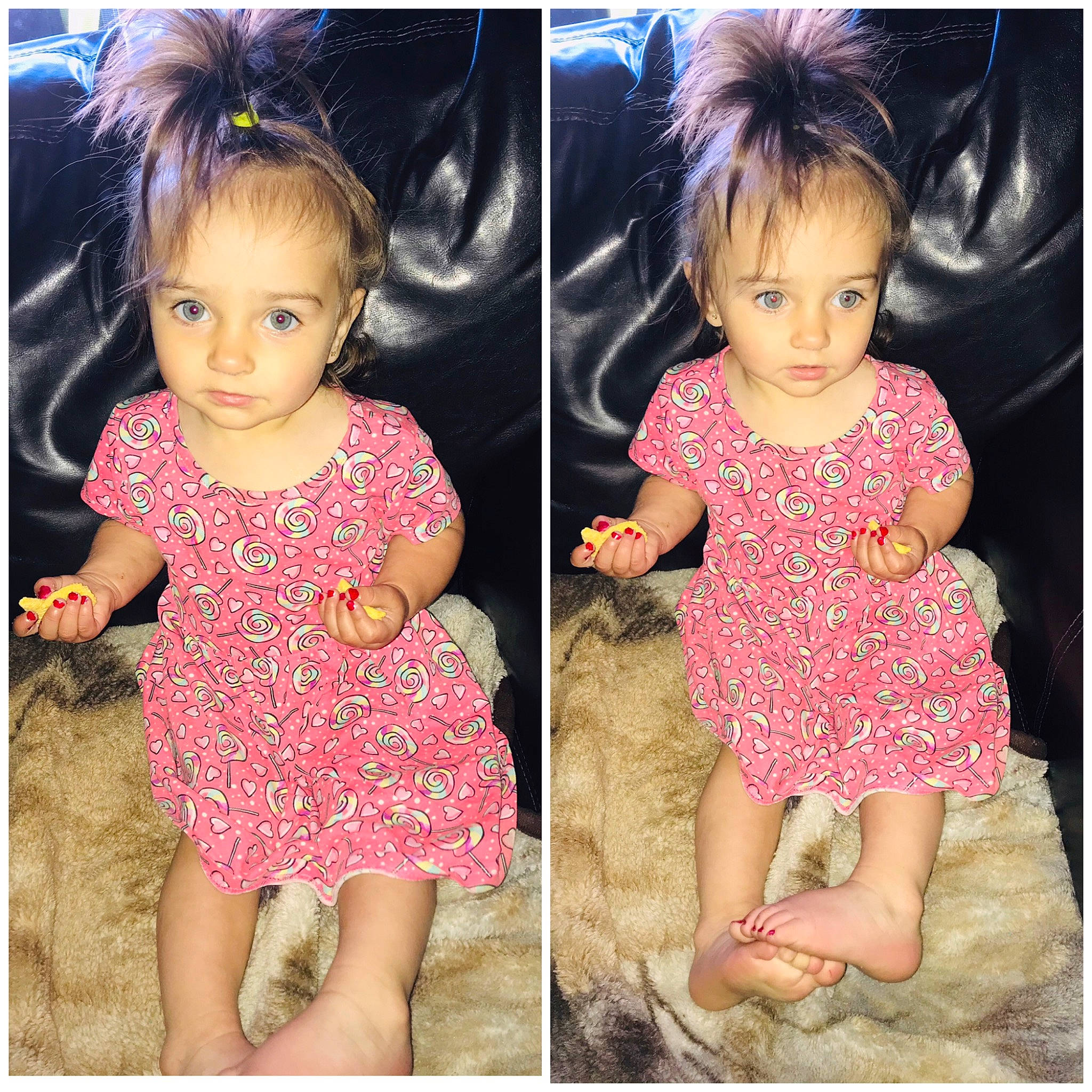 Olesja a rejoint le concours — aidez-le/la à gagner de superbes lots ! baby_toddler_clothing, clothing, day_dress, dress, eyelash, facial_expression, fashion, finger, gesture, hair, happy, one_piece_garment, pattern, people, person, pink, product, purple, sleeve, toddler