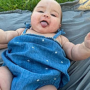 Eva is registered to the contest to win money with this photo: baby, infant, child, tongue_out, blue_dress, blanket, grass, outdoors, smiling, chubby_cheeks, portrait, candid, arm, leg, head, face, summer, picnic, fabric, playtime