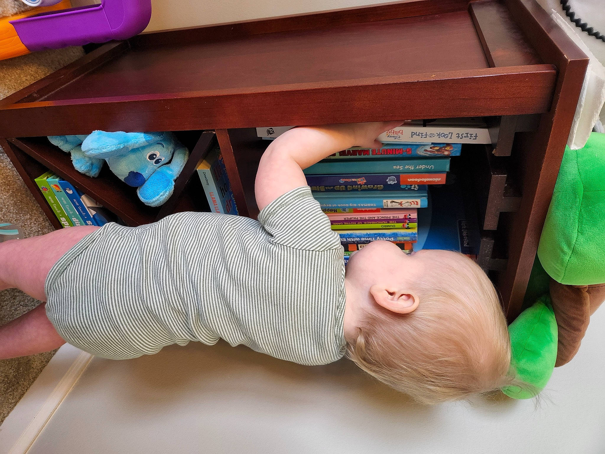 Reilly joined the competition — help win amazing prizes! baby, baby_toddler_clothing, book, bookcase, child, comfort, drawer, finger, flooring, foot, hardwood, human_leg, leg, person, shelf, shelving, table, textile, thigh, toddler