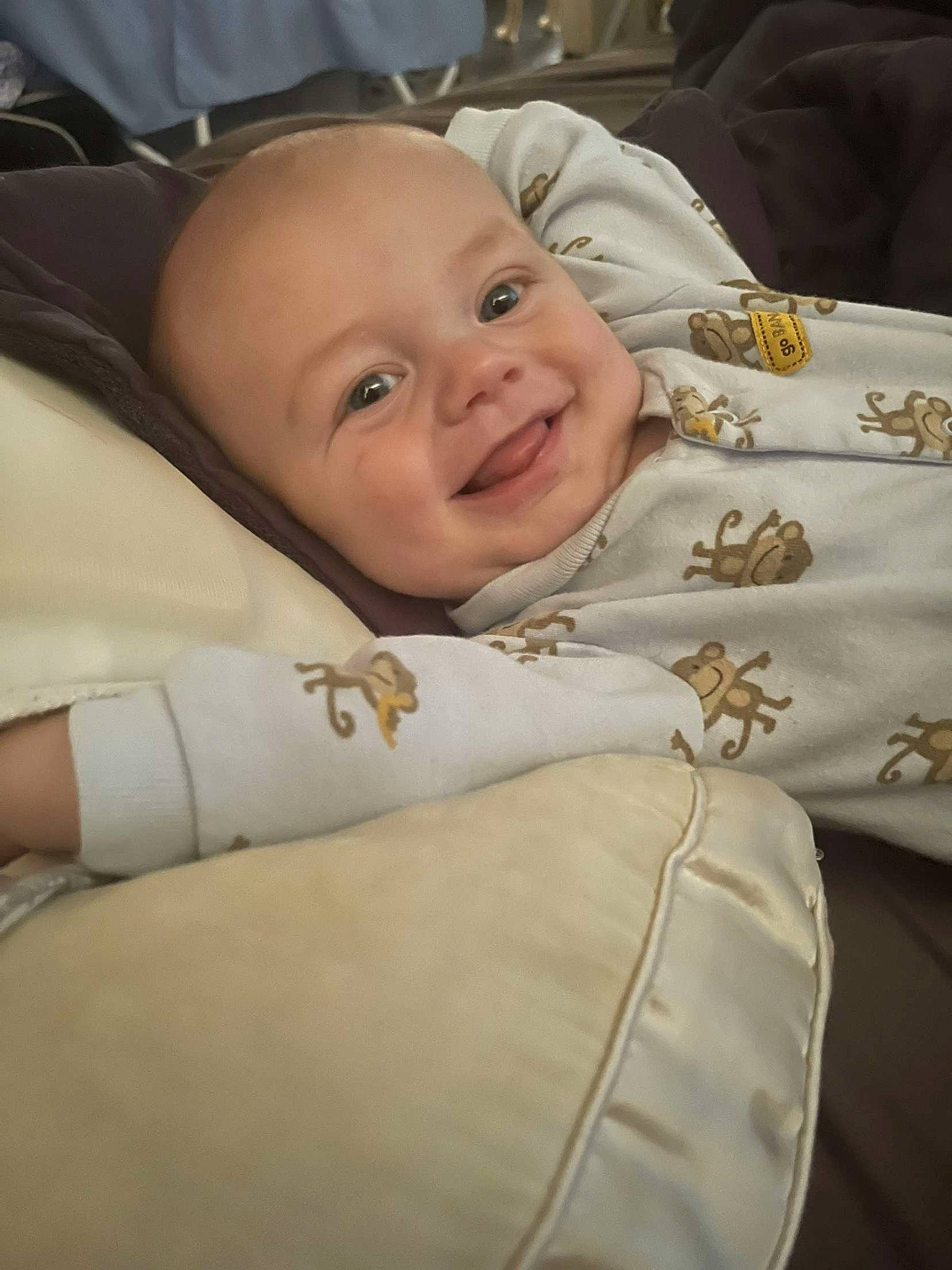 Lane is registered to the contest to win money with this photo: baby, baby_laughing, baby_products, baby_toddler_clothing, cheek, child, comfort, event, eye, eyebrow, face, fun, happy, head, iris, joy, linens, person, skin, sleeve