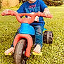 child, boy, smiling, tricycle, barefoot, grass, outdoor, play, toy, blue_shirt, jeans, greenery, trees, shed, summer, happy, portrait, grass_field, daylight, nature