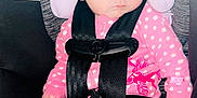 Shayann joined the competition — help win amazing prizes! baby, car_seat, sleeping, pink_clothing, polka_dots, seatbelt, child, infant, head_support, blanket, safety, cute, indoors, toddler, face, young_child, clothing, resting, person, comfort