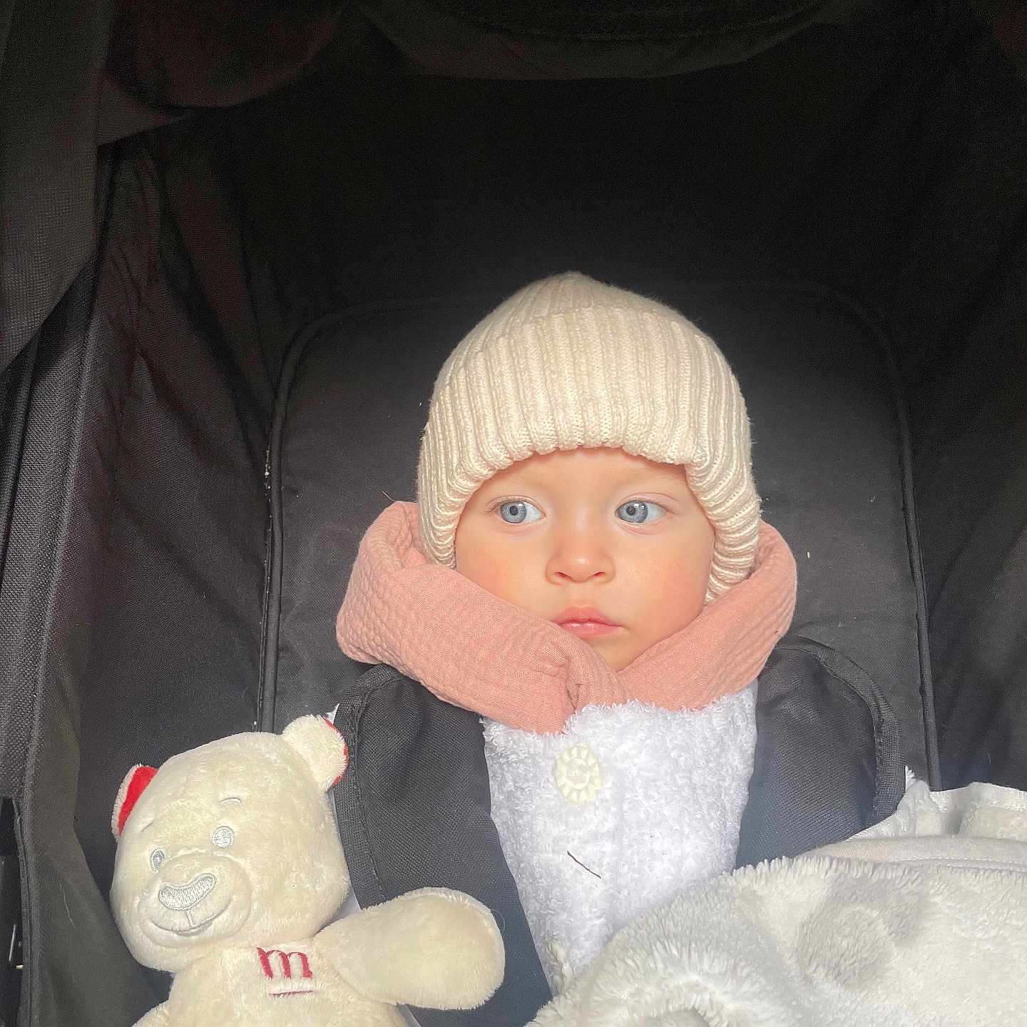Hazel Anne participe au concours pour gagner de l'argent avec cette photo : baby, beanie, black_canopy, blanket, blue_eyes, car_seat, child, cozy, harness, hat, hood, infant, jacket, plush, portrait, rosy_cheeks, stroller, stuffed_toy, teddy_bear, winter_clothing