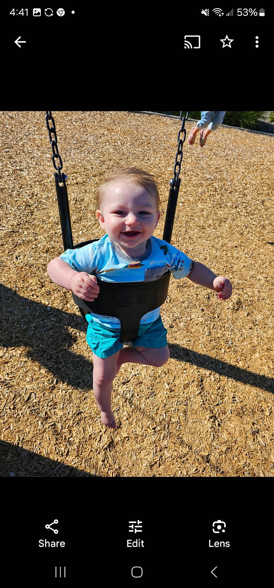 Zaidyn is registered to the contest to win money with this photo: baby, baby_toddler_clothing, child, city, electric_blue, fun, grass, happy, joy, leisure, outdoor_play_equipment, people_in_nature, person, play, playground, recreation, sleeve, smile, soil, swing