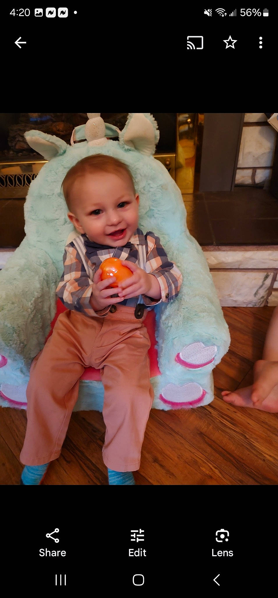 Zaidyn is registered to the contest to win money with this photo: baby, baby_toddler_clothing, cheek, child, costume, event, flooring, fun, fur, happy, head, joy, person, pink, room, sitting, skin, smile, stuffed_toy, toddler