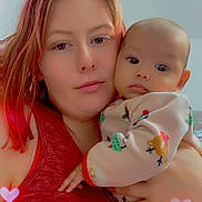 Sofía joined the competition — help win amazing prizes! woman, baby, face, portrait, indoor, holding, clothing, red, pink, heart, love, family, skin, person, cute, child, infant, casual, expression, together