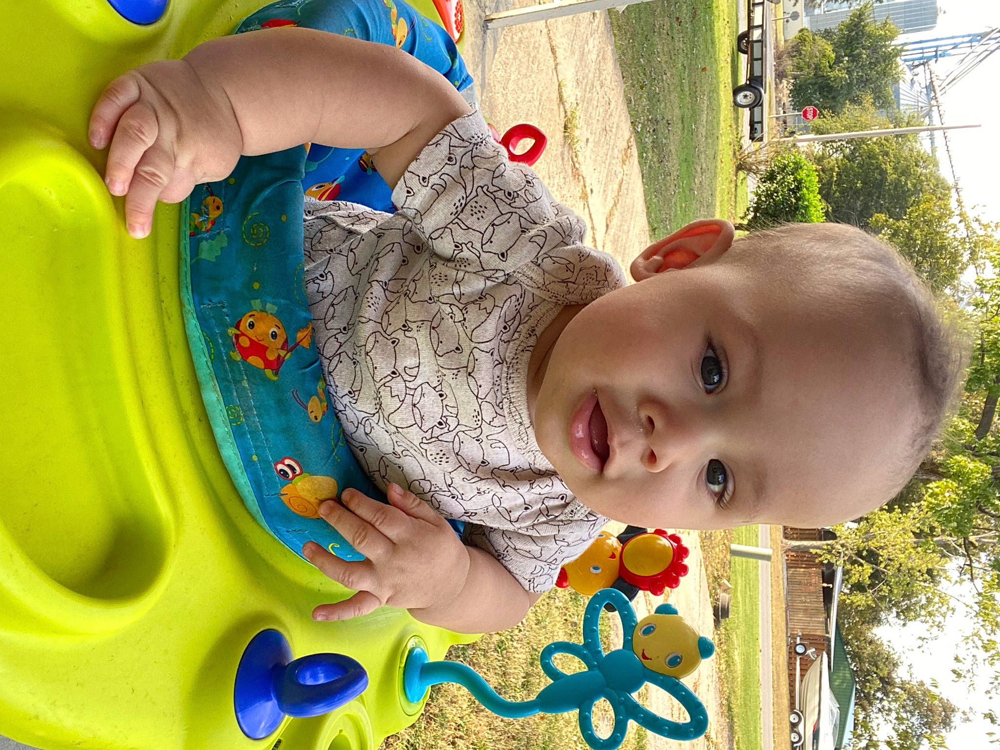 Kayson is registered to the contest to win money with this photo: baby, baby_playing_with_toys, baby_products, baby_toddler_clothing, blue, child, fun, grass, green, happy, human_settlement, leisure, person, plant, product, public_space, recreation, toddler, tree, window