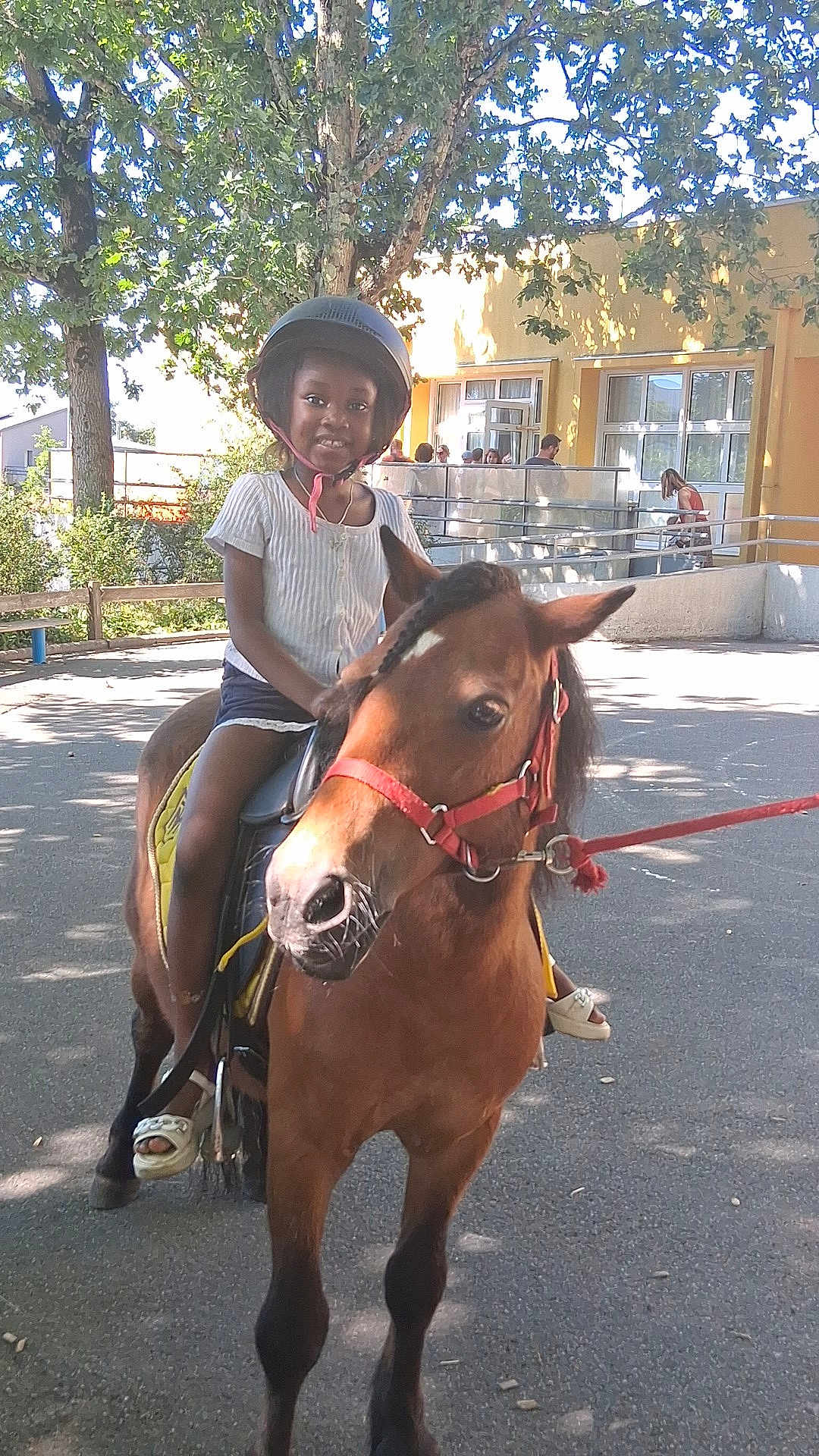 Amelya a rejoint le concours — aidez-le/la à gagner de superbes lots ! child, helmet, horse, animal, outdoor, sunlight, tree, building, fence, person, road, summer, riding, pet, happy, smile, leisure, footwear, nature, people