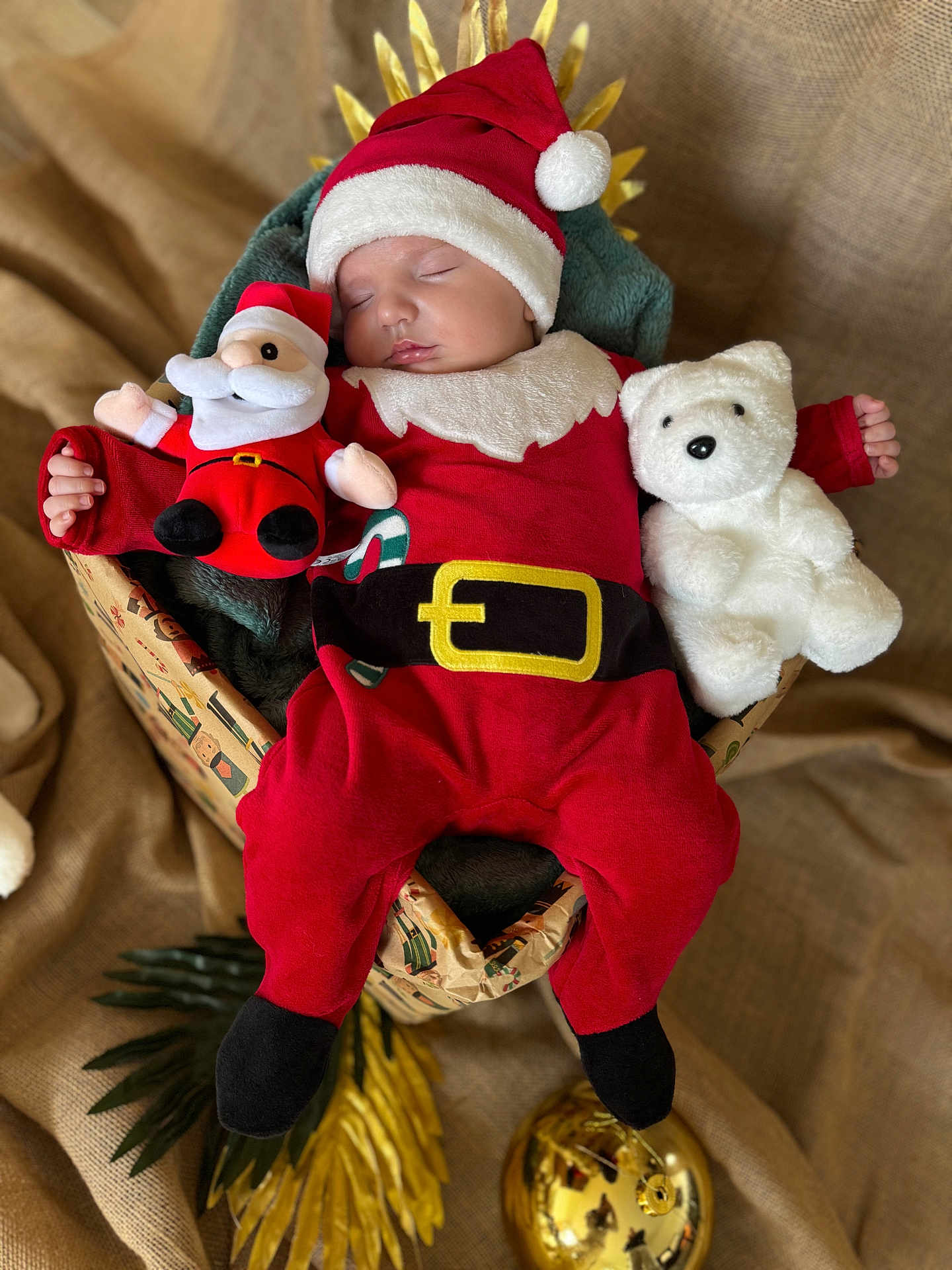Aaron a rejoint le concours — aidez-le/la à gagner de superbes lots ! baby, sleeping, santa_hat, red_clothing, plush_toy, teddy_bear, basket, holiday, christmas, festive, blanket, soft_toy, cute, infant, cozy, decorations, wrapped, fabric, sleep, child