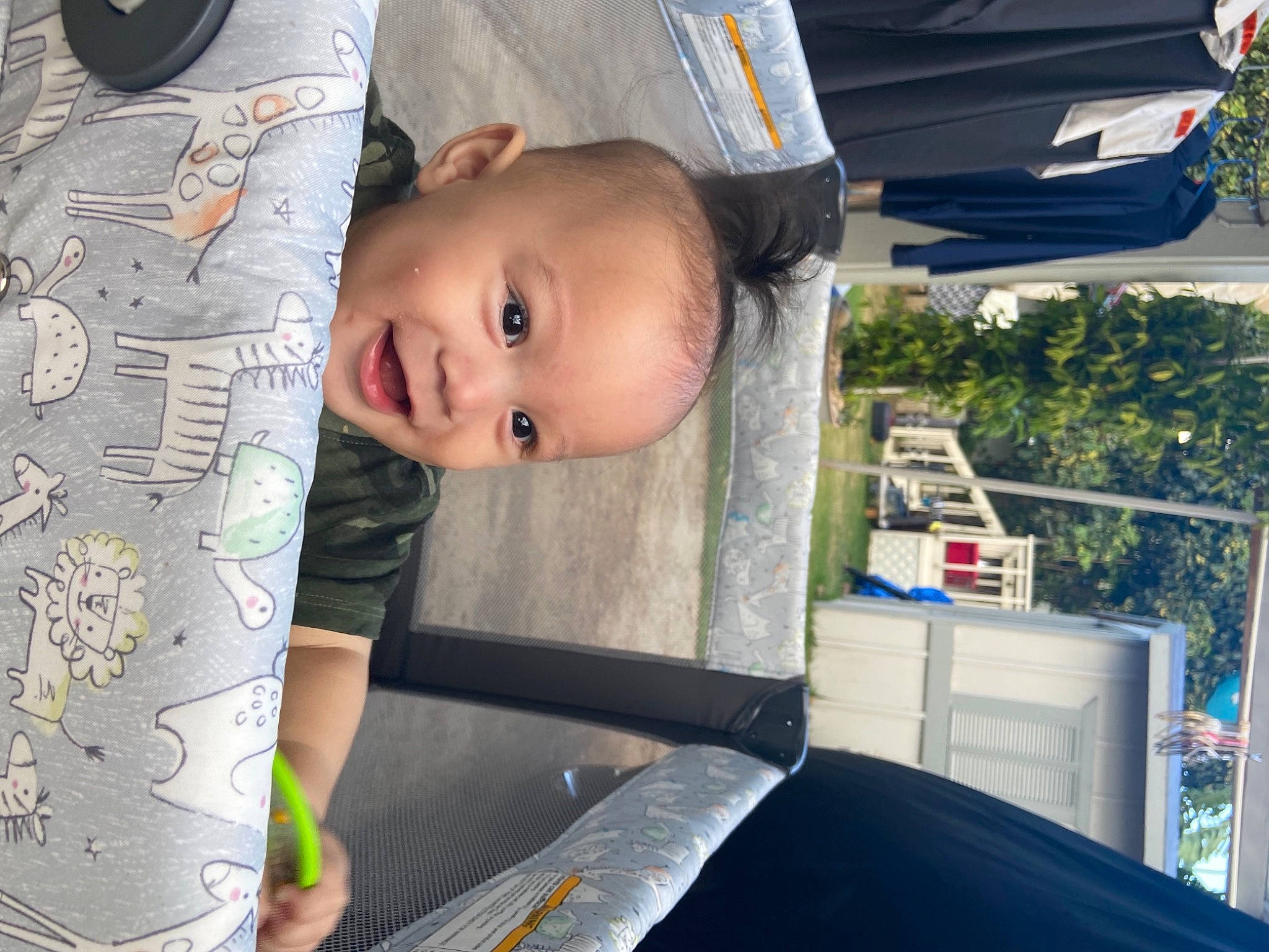 Neo Reeves is registered to the contest to win money with this photo: baby, baby_products, child, cool, flag, fun, happy, hat, leisure, person, plant, shorts, sitting, smile, t_shirt, toddler, tree, vacation, wood