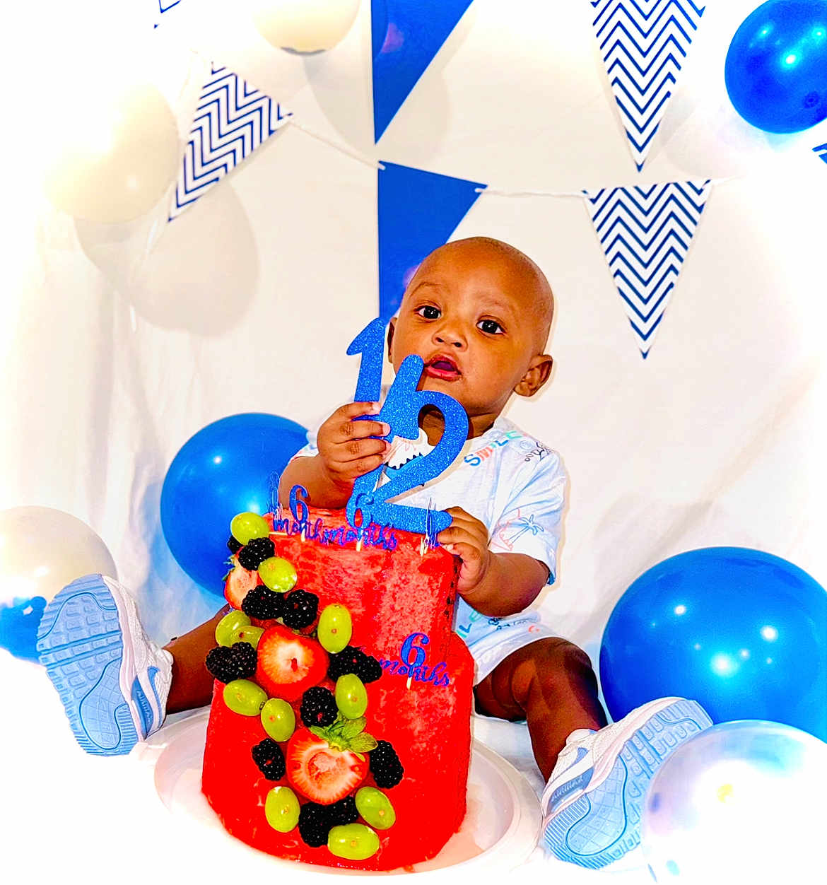 Daharei joined the competition — help win amazing prizes! baby, child, balloons, birthday, cake, watermelon, fruit, strawberries, grapes, blackberries, blue, white, sneakers, celebration, party, pennants, numbers, milestone, indoor, smiling