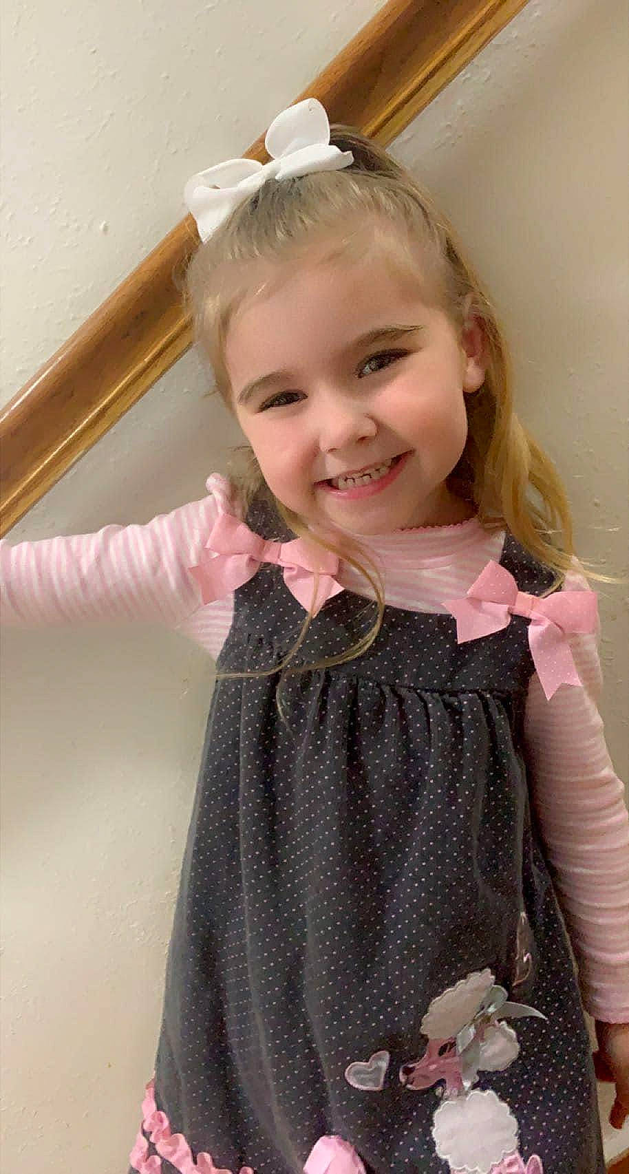 Blakely joined the competition — help win amazing prizes! baby_toddler_clothing, beauty, blond, child, clothing, dress, dress_shirt, embellishment, eyelash, happy, head, iris, joy, neck, person, pink, skin, sleeve, smile, standing