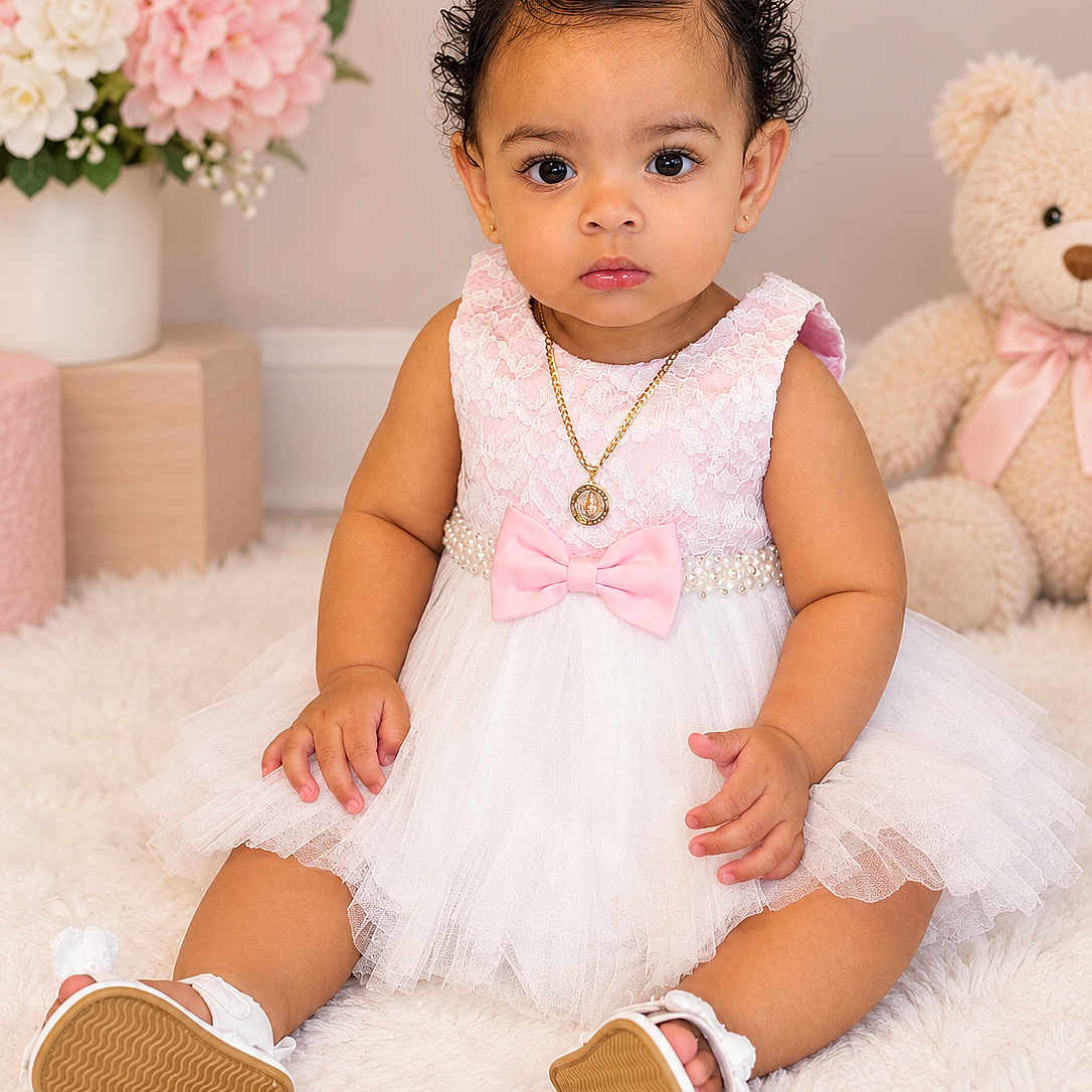 Ashley Nicole is registered to the contest to win money with this photo: baby, child, portrait, sitting, indoors, pink_dress, white_dress, bow, necklace, shoes, teddy_bear, flowers, bouquet, nursery, carpet, fluffy_rug, studio_photography, curly_hair, smiling, fashion