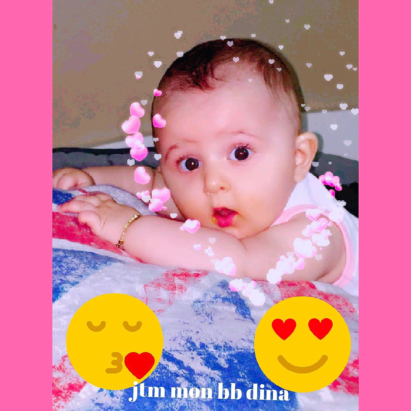 Dina participe au concours pour gagner de l'argent avec cette photo : cheek, child, face, facial_expression, fun, hair_accessory, happiness, head, infant, iris, lip, material, mouth, nose, person, photomontage, pink, play, skin, smile