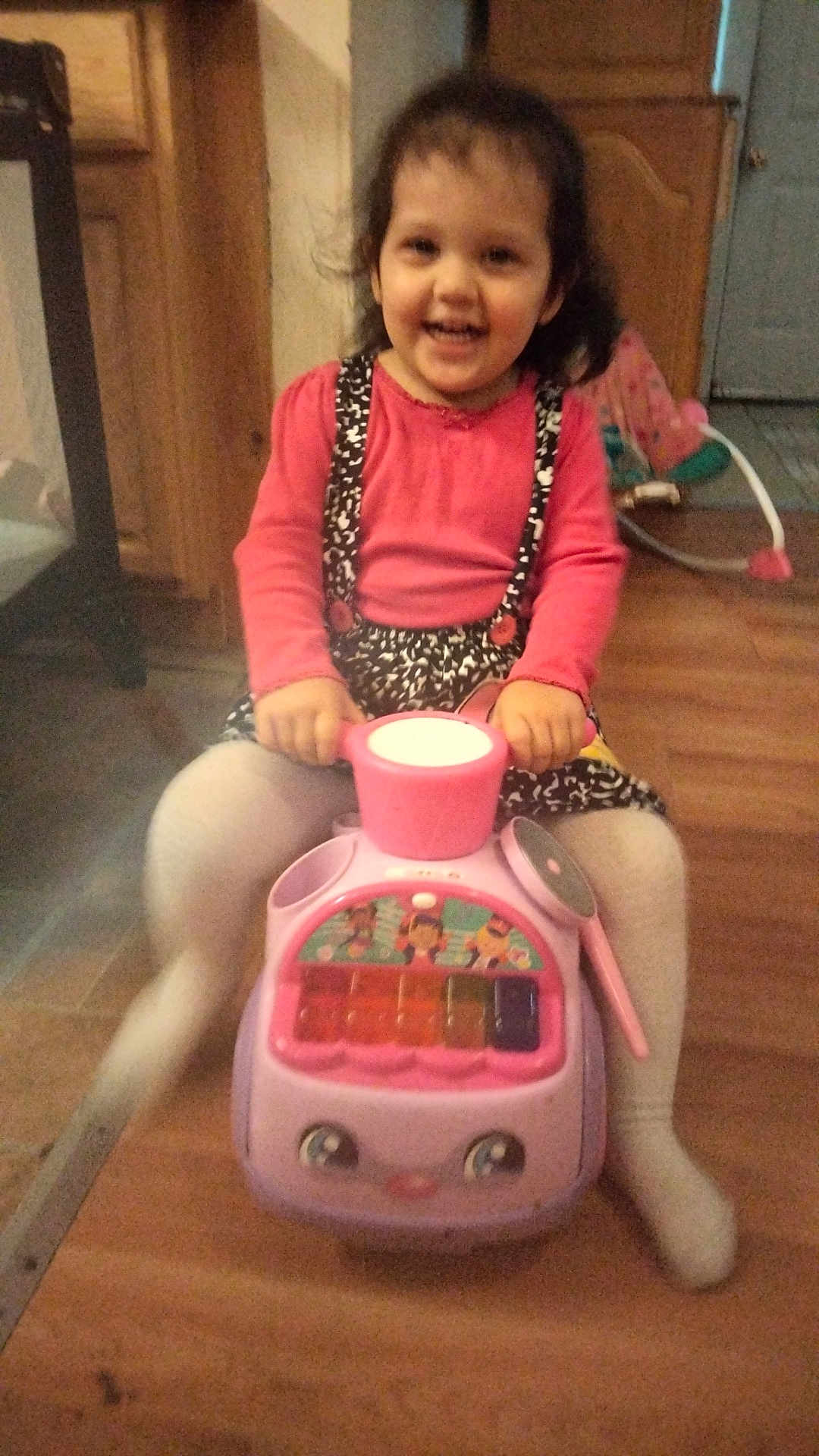 Deanna is registered to the contest to win money with this photo: toddler, child, toy, pink_toy, indoor, flooring, wooden_floor, smiling, happy, play, baby_rocker, furniture, clothing, sitting, hands, face, person, cute, room, fun
