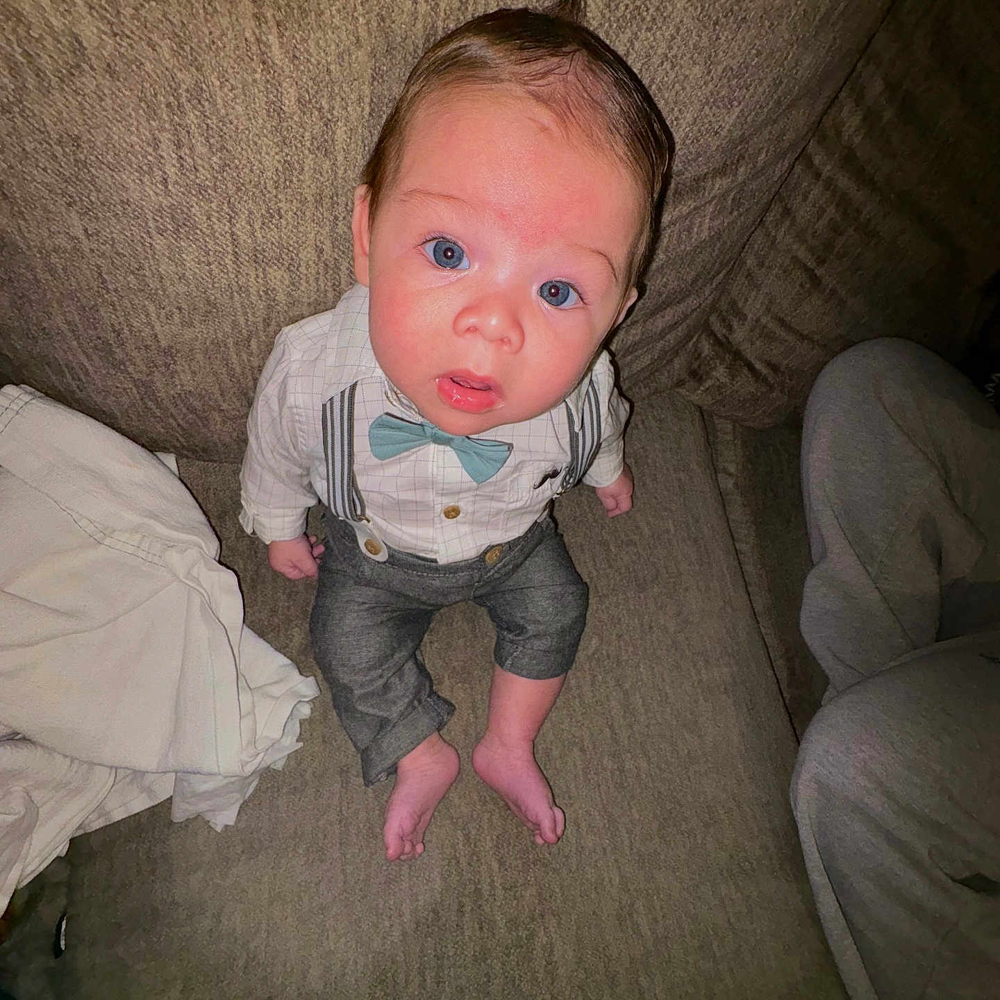 Luka joined the competition — help win amazing prizes! accessories, baby, chair, clothing, couch, crawling, cushion, face, formalwear, furniture, head, homedecor, jeans, pants, person, photography, portrait, sitting, suspenders, tie