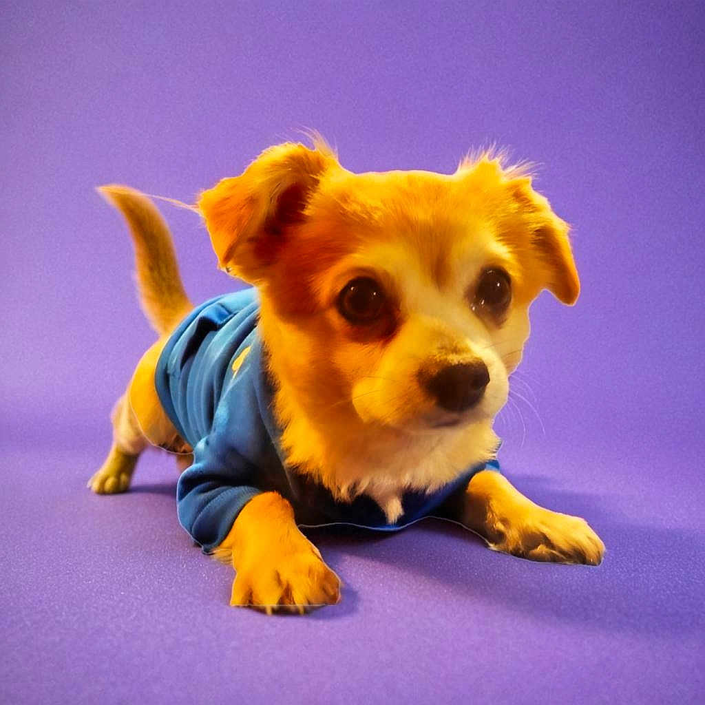 Boots joined the competition — help win amazing prizes! adorable, animal, blue_sweater, companion, cute, dog, ears, friendly, fur, indoor, looking_away, mammal, paws, pet, playful, portrait, purple_background, small_dog, studio, tail