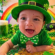 Anthony is registered to the contest to win money with this photo: baby, green_hat, bow_tie, gold_coins, shamrock, rainbow, green_beads, st_patricks_day, smiling, holiday, celebration, festive, cute, indoors, portrait, child, happy, costume, party, decorations