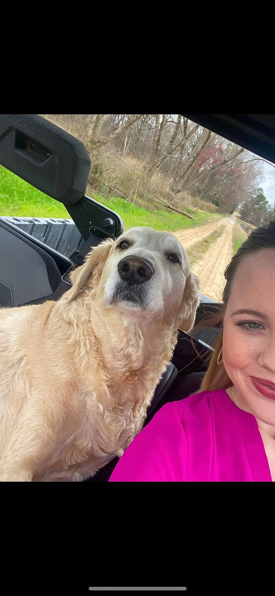 Roxie joined the competition — help win amazing prizes! automotive_mirror, car, car_seat, carnivore, collar, companion_dog, dog, dog_breed, dog_collar, fur, happy, head, rear_view_mirror, selfie, smile, snout, sporting_group, travel, vehicle_door, working_animal