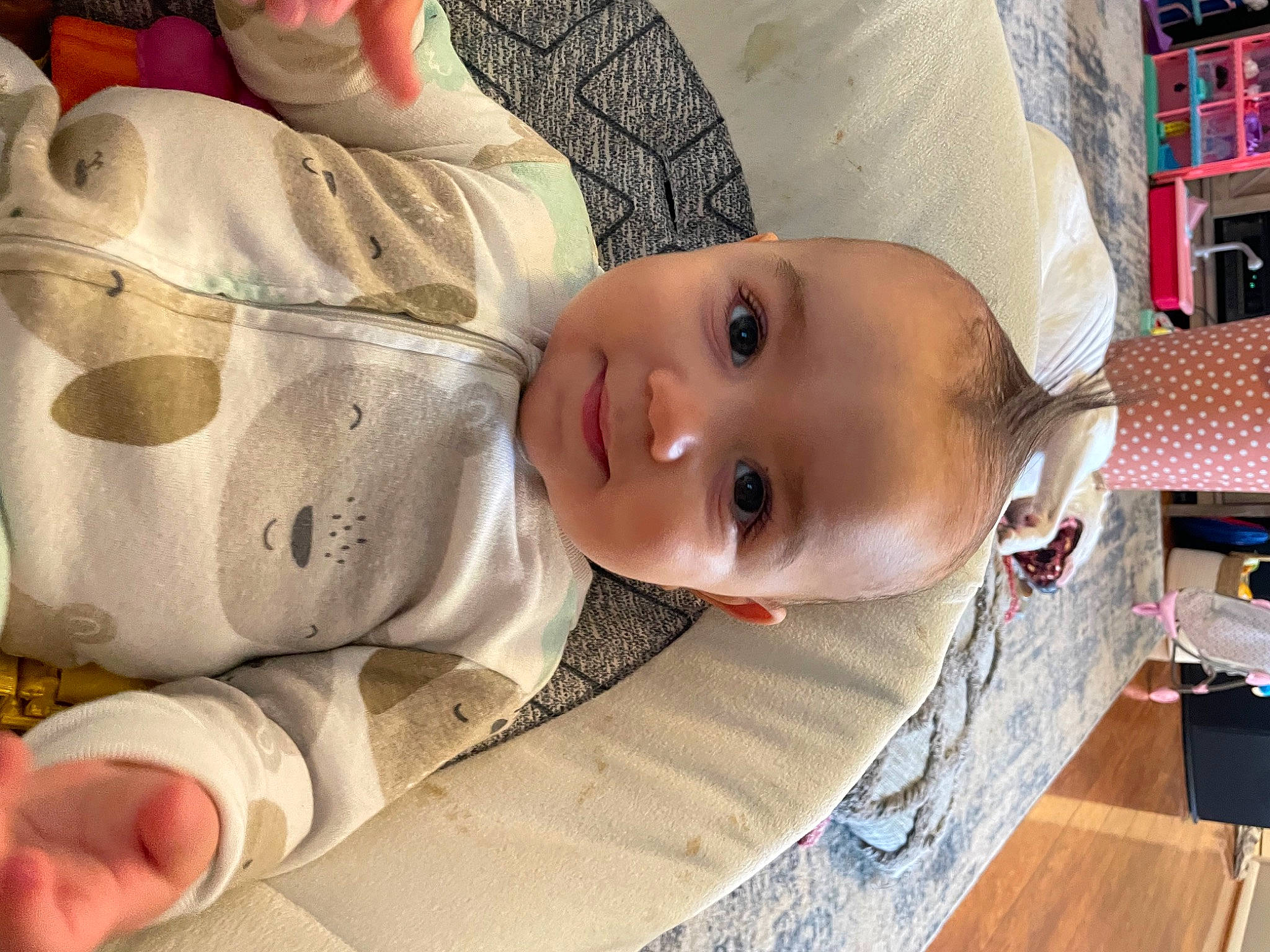 Cameron joined the competition — help win amazing prizes! baby, baby_products, baby_safety, baby_toddler_clothing, bookcase, carmine, cheek, child, comfort, hat, linens, mouth, nose, person, room, shelf, skin, sleeve, smile, toddler