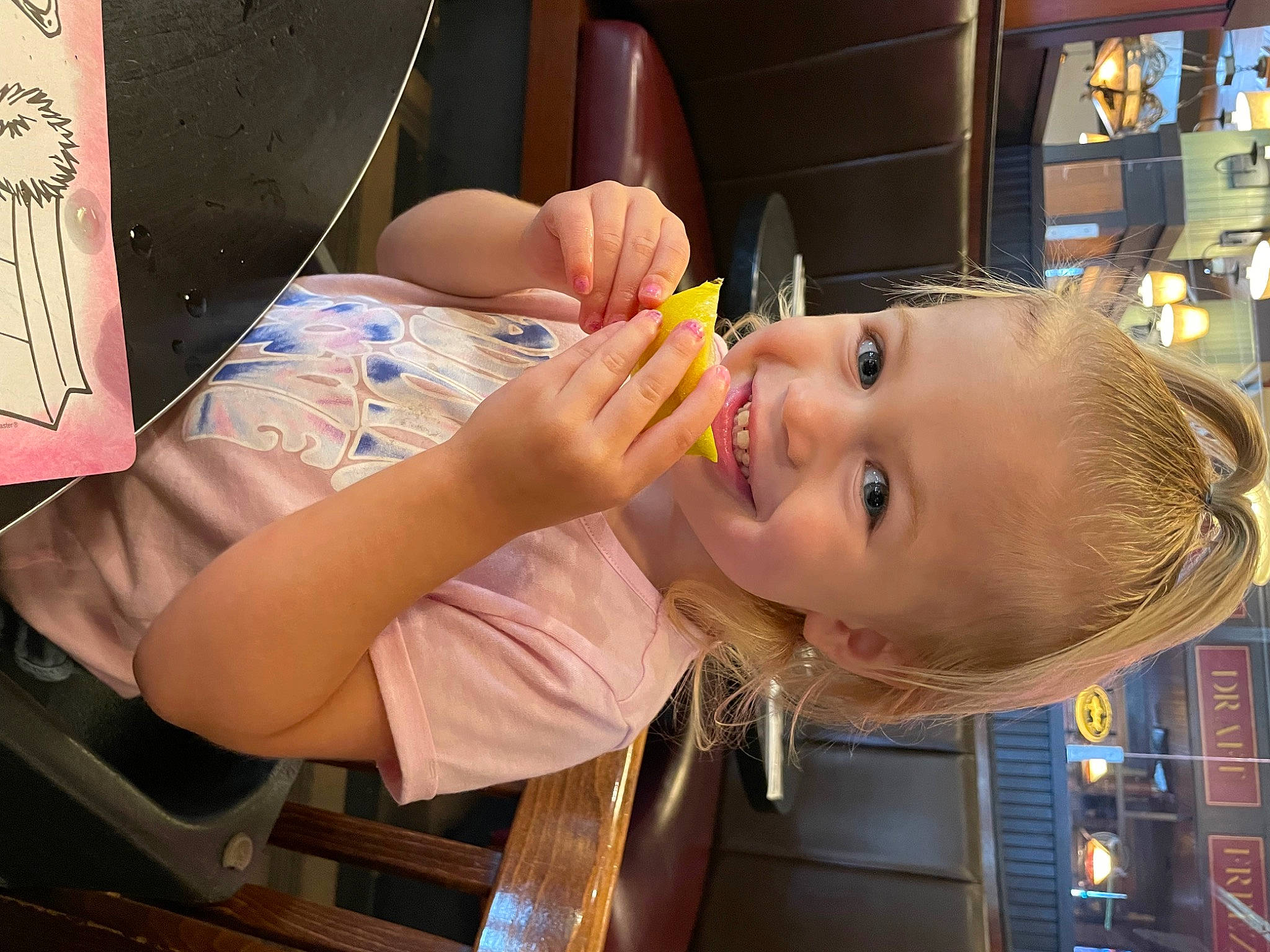 Everleigh is registered to the contest to win money with this photo: art, artist, baby, child, elbow, fast_food, fun, gesture, happy, joy, leisure, mouth, nail, nose, person, play, room, smile, thumb, toddler