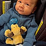 Riley is registered to the contest to win money with this photo: baby, infant, car_seat, plush_toy, blue_clothing, knitwear, pacifier, mittens, face, smile, child, cute, person, warning_label, seatbelt, indoor, portrait, soft_toy, striped, warm_clothing