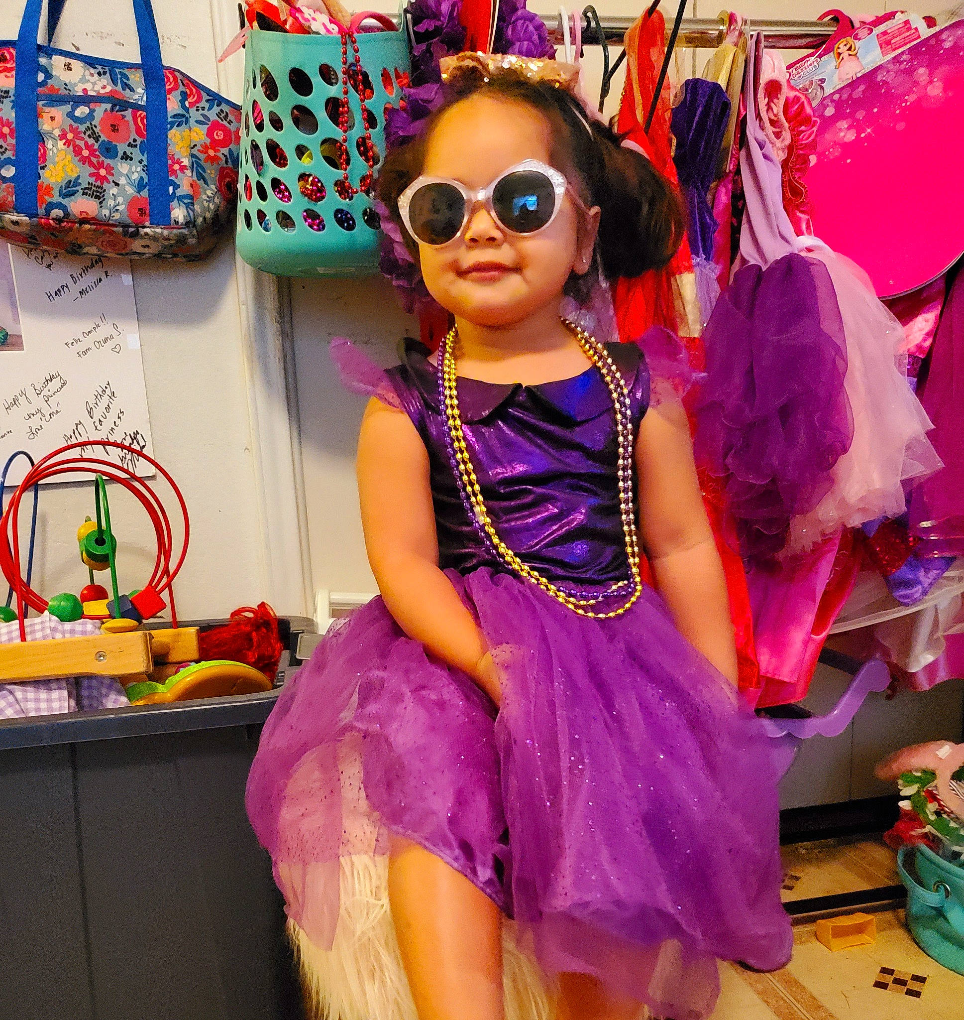 Carly joined the competition — help win amazing prizes! child, clothing, costume, dress, eyewear, fashion_design, magenta, person, pink, purple, toddler