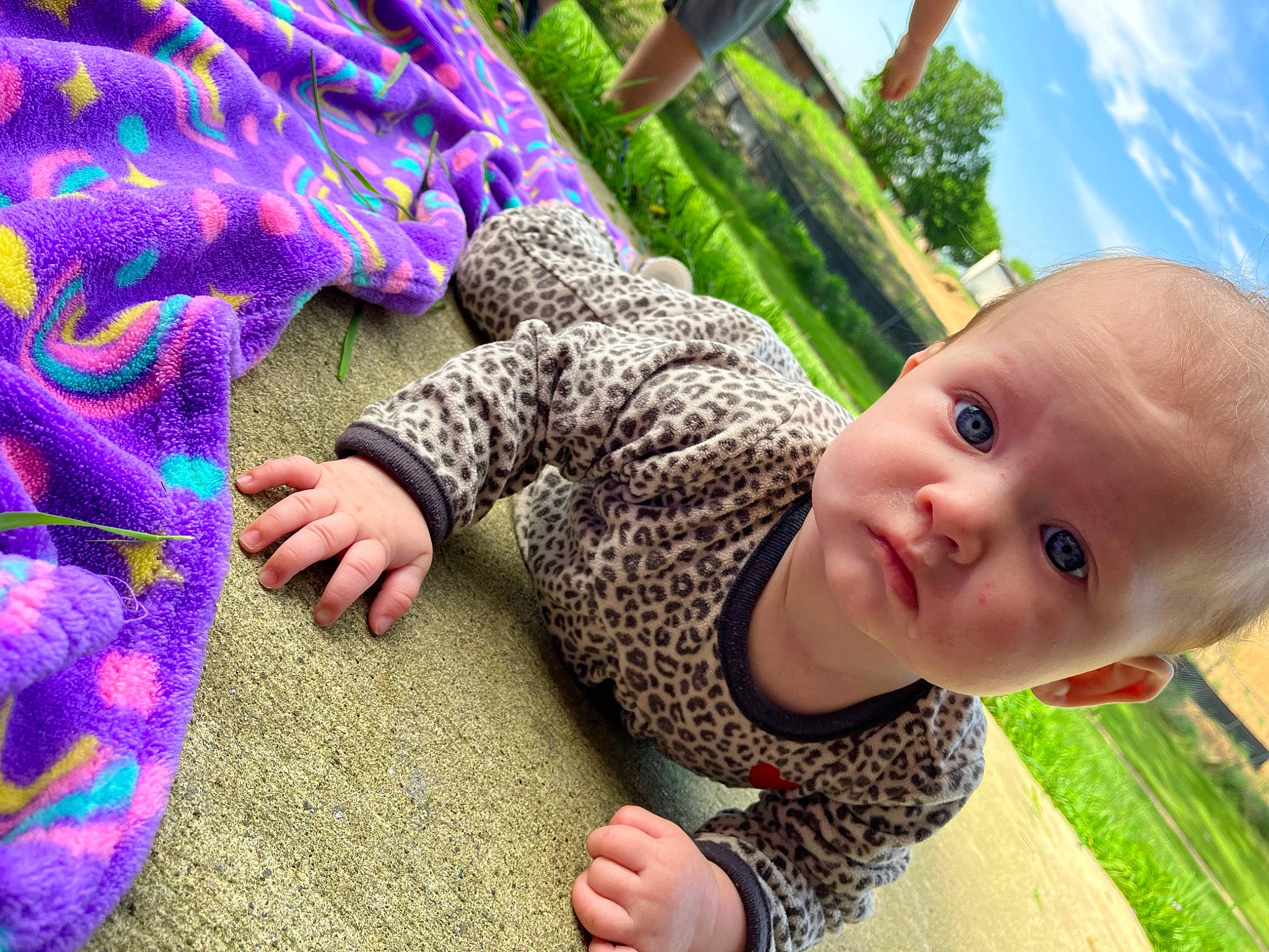Lane is registered to the contest to win money with this photo: baby, baby_toddler_clothing, child, cloud, finger, flooring, fun, grass, green, hand, happy, leisure, pattern, people_in_nature, person, plant, skin, sky, toddler, tree