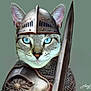 cat, armor, helmet, sword, chainmail, blue_eyes, animal, feline, portrait, medieval, costume, weapon, closeup, gray_background, fantasy, brave, cute, pet, whiskers, ears