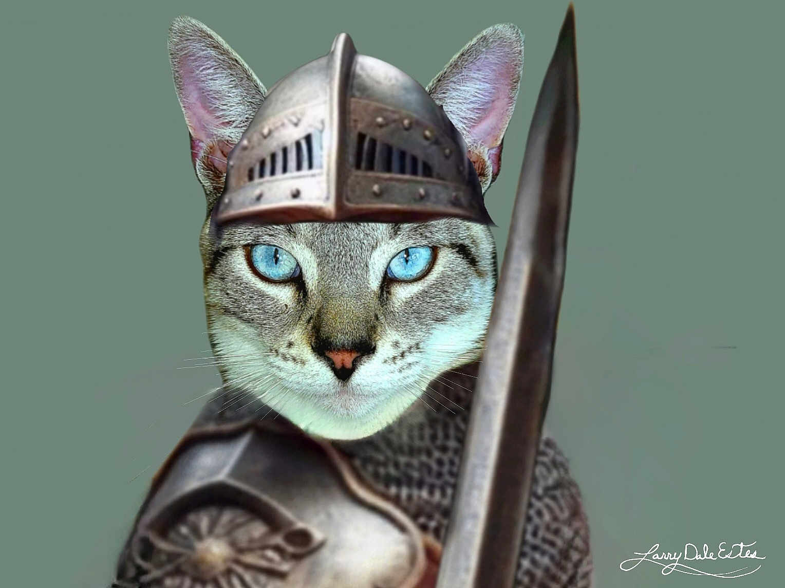 Jerry joined the competition — help win amazing prizes! cat, armor, helmet, sword, chainmail, blue_eyes, animal, feline, portrait, medieval, costume, weapon, closeup, gray_background, fantasy, brave, cute, pet, whiskers, ears
