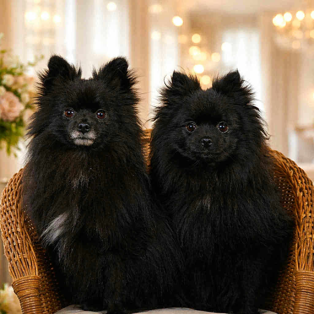 Delsart Christelle a rejoint le concours — aidez-le/la à gagner de superbes lots ! animal, black_dog, bouquet, chair, companions, cute, decor, dog, eyes, flower_arrangement, fluffy, fur, furniture, indoor, living_room, pet, pomeranian, portrait, two_animals, wicker_chair