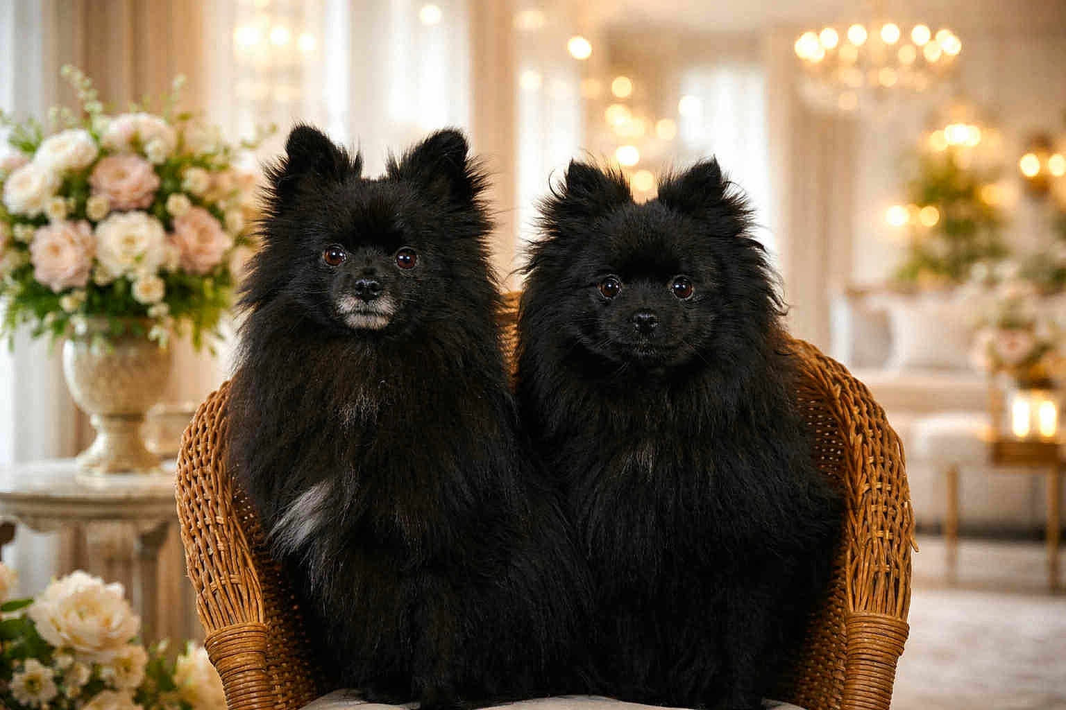 Delsart Christelle a rejoint le concours — aidez-le/la à gagner de superbes lots ! animal, black_dog, bouquet, chair, companions, cute, decor, dog, eyes, flower_arrangement, fluffy, fur, furniture, indoor, living_room, pet, pomeranian, portrait, two_animals, wicker_chair