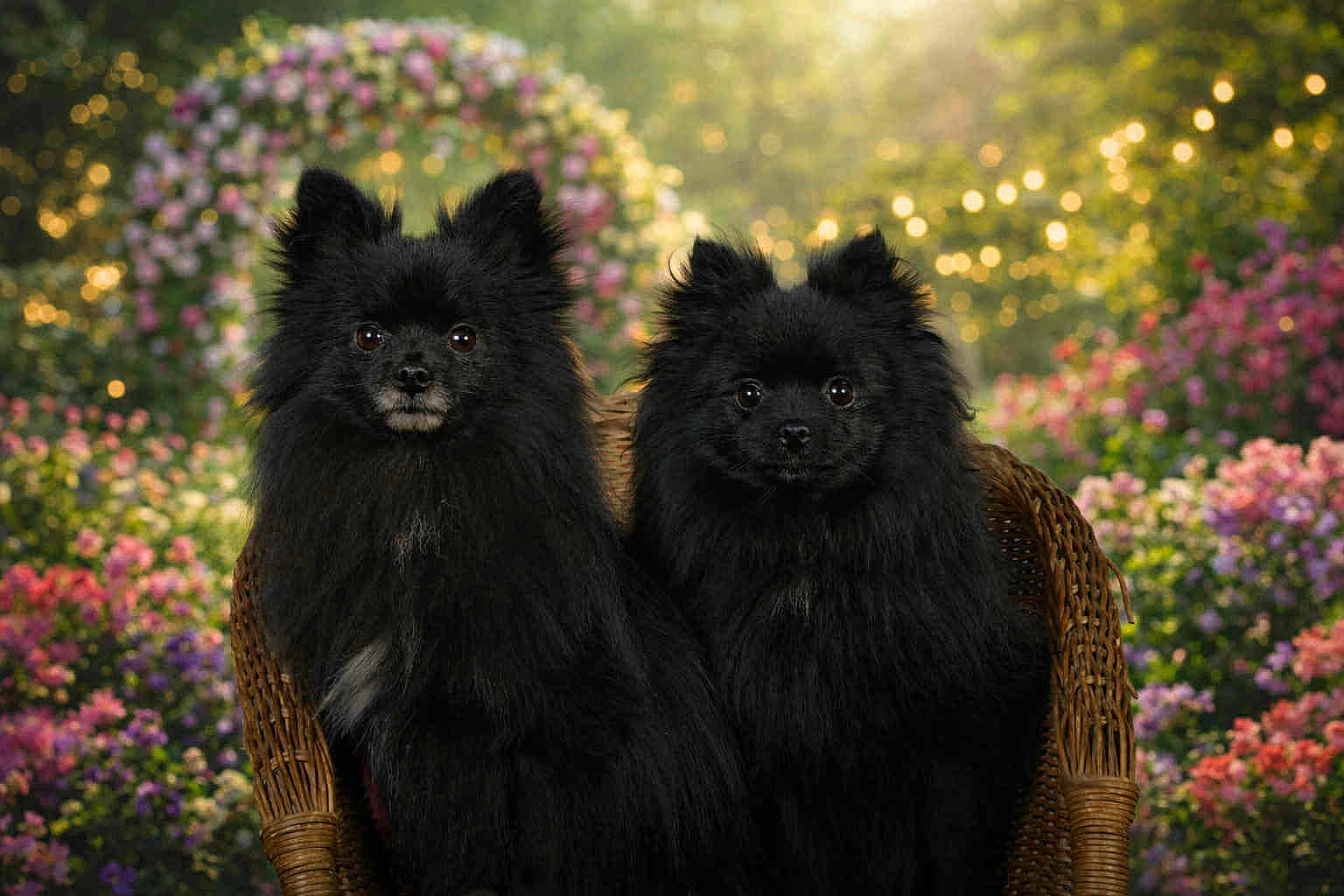 Ailka participe au concours pour gagner de l'argent avec cette photo : dog, pomeranian, black_dog, fluffy, pet, animal, portrait, chair, wicker_chair, garden, flowers, bokeh, nature, outdoor, cute, two_dogs, sitting, fur, eyes, face