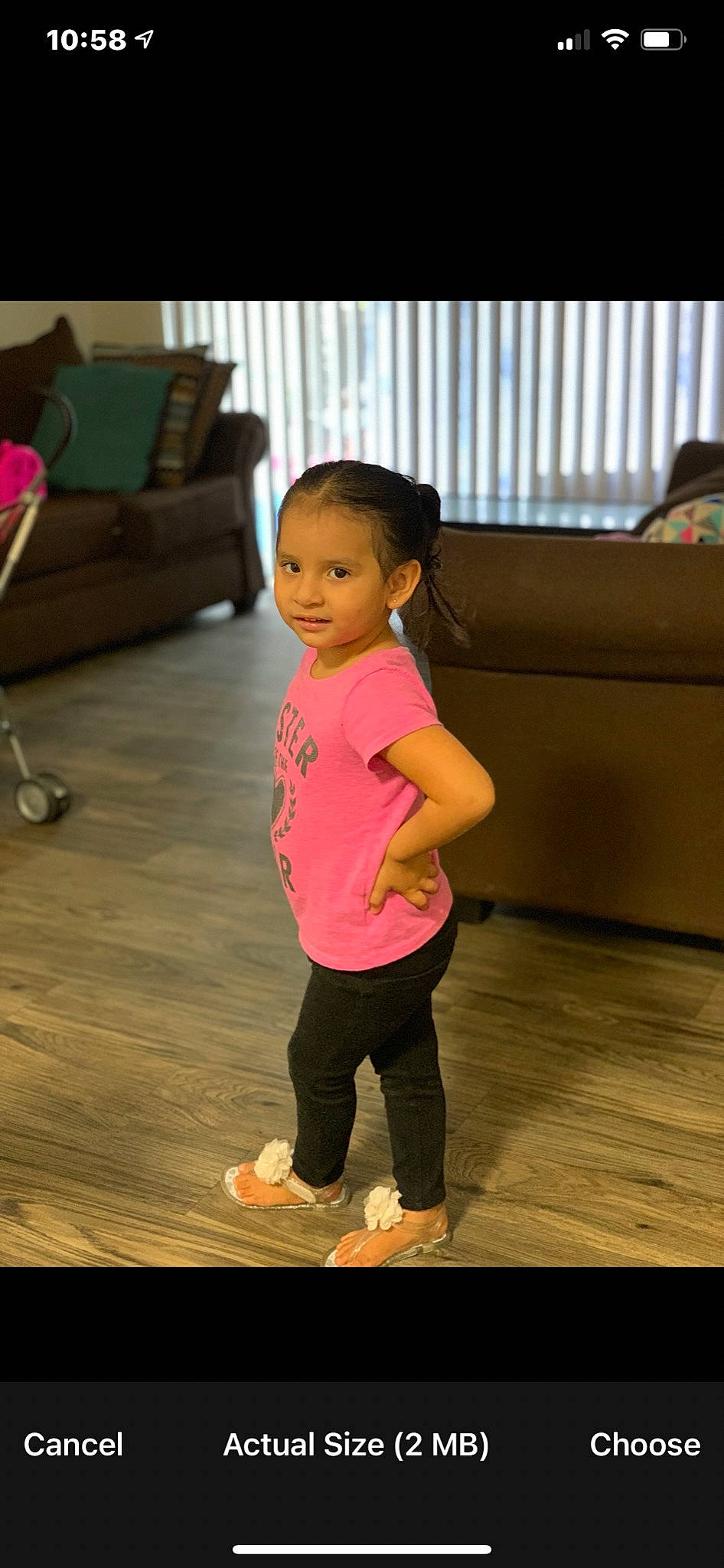 Jayda is registered to the contest to win money with this photo: cheek, child, flash_photography, floor, flooring, fun, happy, hardwood, human_leg, laminate_flooring, leisure, magenta, mammal, person, skin, standing, toddler, trunk, waist, wood