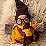baby, sleeping, costume, wizard, hat, glasses, scarf, blanket, knitted, book, spellbook, cute, portrait, infant, wrapped, soft, cozy, child, fantasy, magic