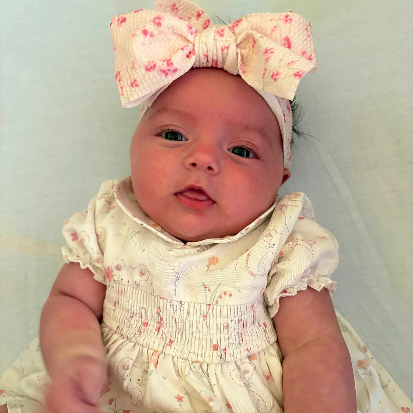 Pebble is registered to the contest to win money with this photo: adorable, apparel, baby, child, closeup, cute, dress, expression, floral, hand, headband, infant, lying_down, person, pink, portrait, skin, soft_surface, white, young