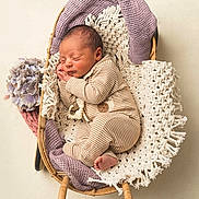 Kaycen is registered to the contest to win money with this photo: newborn, baby, sleeping, infant, portrait, basket, woven_basket, blanket, knitted_blanket, cozy, floral_arrangement, hydrangea, neutral_background, indoor, onesie, striped_clothing, barefoot, peaceful, curled_up, photography