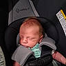 newborn, baby, sleeping, infant, car_seat, harness, safety_belt, child, portrait, indoors, vehicle, transportation, striped_outfit, green_clothing, gray_padding, resting, peaceful, closed_eyes, seated, photography