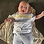 Theo joined the competition — help win amazing prizes! baby, smiling, infant, white_shirt, shorts, jacket, couch, indoor, happy, face, arms, clothing, child, person, portrait, cute, young, lying_down, soft_texture, cozy