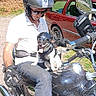 man, dog, motorcycle, helmet, outdoor, sunglasses, vehicle, pet, animal, riding_gear, greenery, car, casual_clothing, daylight, transportation, leisure, summer, roadside, fun, companionship