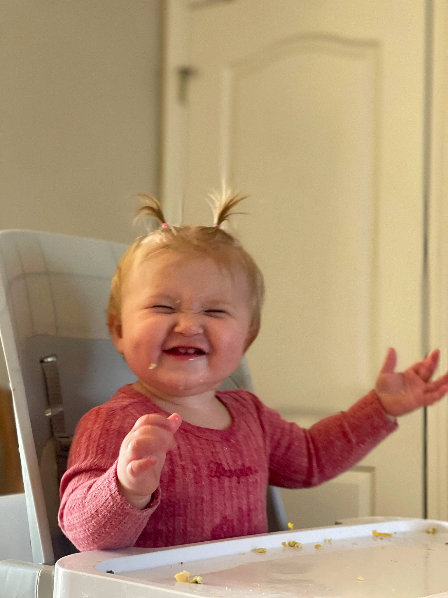 Adalynn joined the competition — help win amazing prizes! arm, baby, baby_toddler_clothing, chair, cheek, child, comfort_food, fun, happy, joy, person, plate, room, sitting, smile, t_shirt, table, tableware, toddler