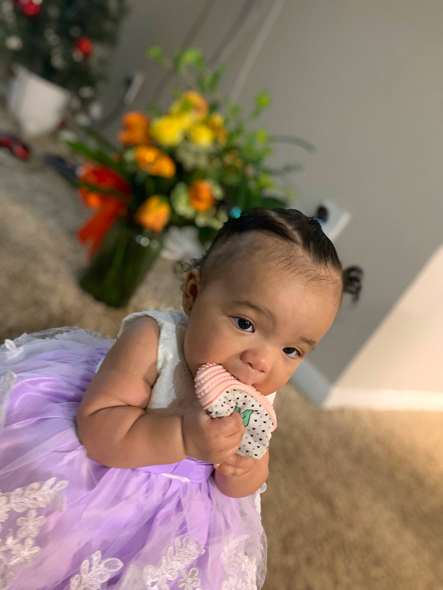 Malani is registered to the contest to win money with this photo: baby, baby_toddler_clothing, day_dress, dress, event, finger, flash_photography, flower_arranging, formal_wear, grass, hairstyle, hand, happy, head, headpiece, iris, jewellery, person, plant, skin