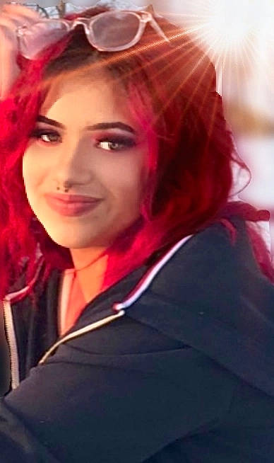 Madisen joined the competition — help win amazing prizes! bangs, black_hair, eyebrow, eyelash, eyewear, face, fashion, flash_photography, goggles, headgear, joy, lip, lipstick, mouth, person, pink, purple, red_hair, smile, street_fashion