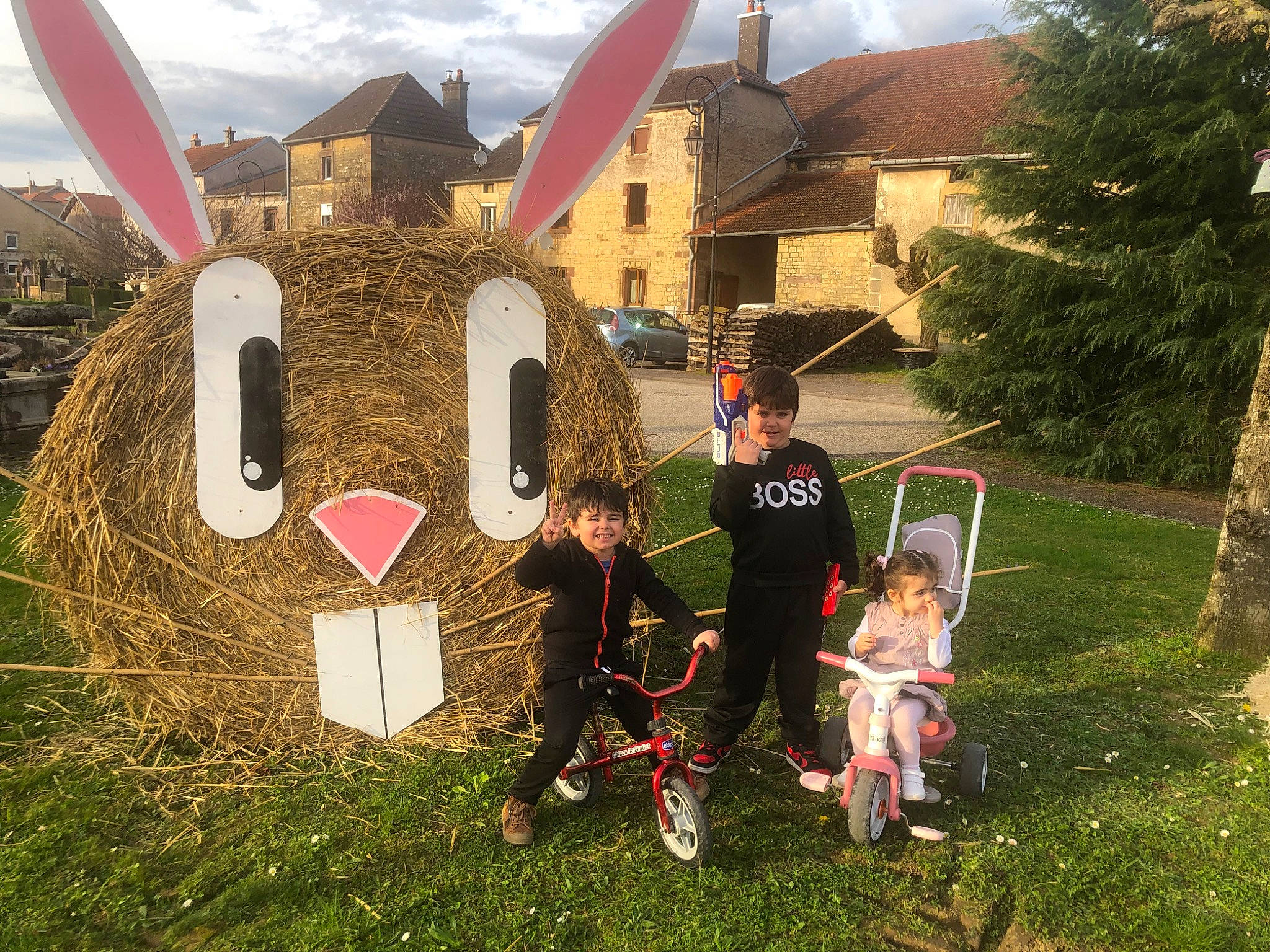 Chloé participe au concours pour gagner de l'argent avec cette photo : art, building, cloud, event, fun, grass, grassland, house, joy, lawn, leisure, people_in_nature, person, plant, pole, recreation, sculpture, sky, tire, toddler