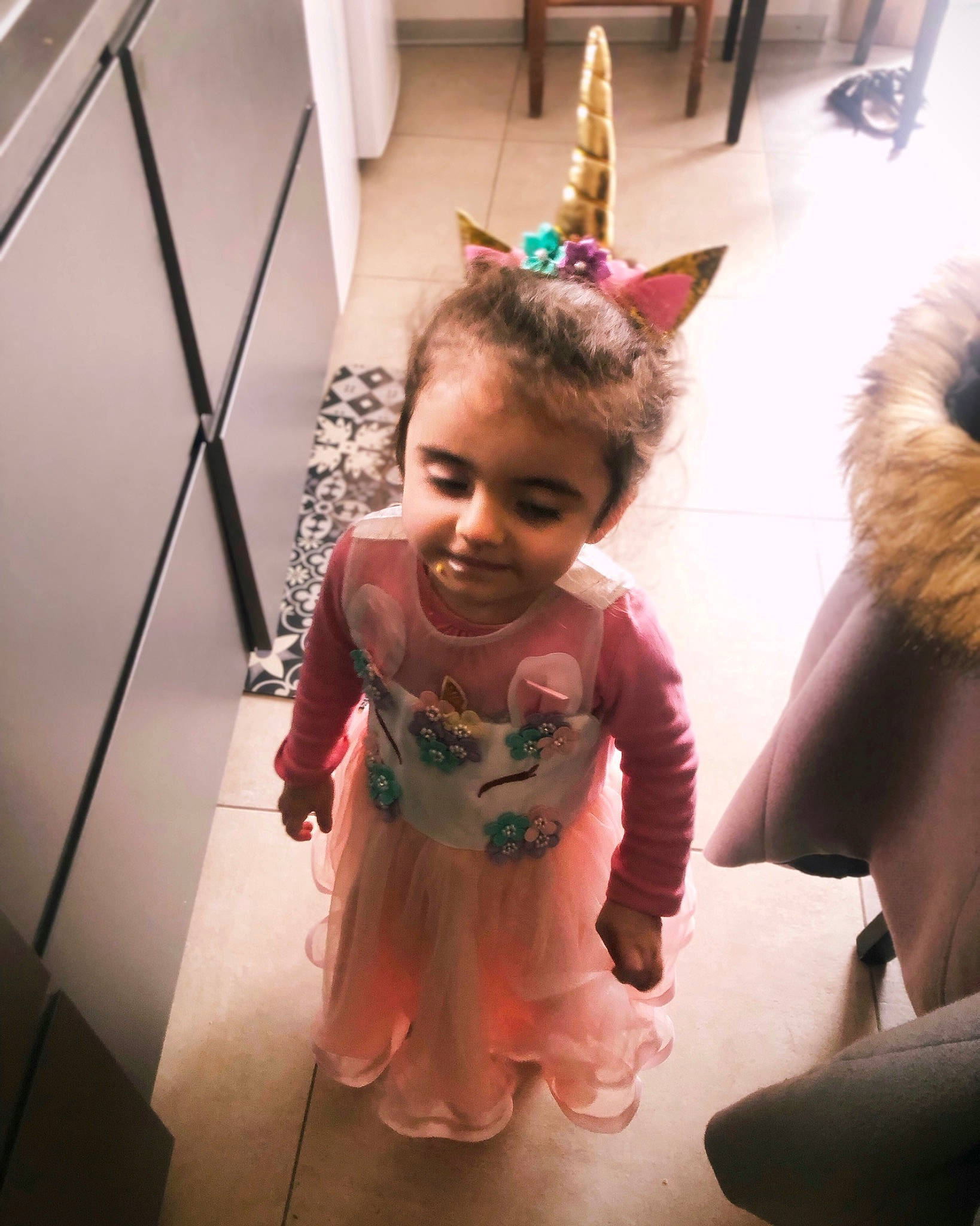 Chloé participe au concours pour gagner de l'argent avec cette photo : baby, child, companion_dog, costume, costume_hat, event, fawn, floor, flooring, fun, fur, happy, joy, magenta, party_hat, person, pink, purple, room, smile