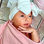 baby, newborn, infant, hat, bow, swaddle, pink_blanket, hospital_blanket, hand, face, eyes, lips, portrait, closeup, cozy, crib, clothing, blanket_stripes, newborn_cap, cute